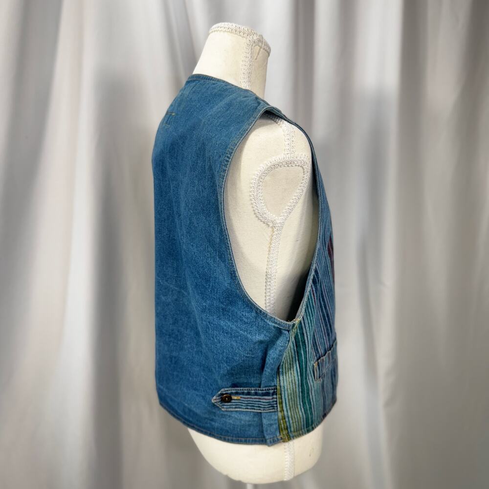 90s Multicolor Stripe Vest Small Denim Boho Indie Button Hippie Western Festival - Picture 7 of 16